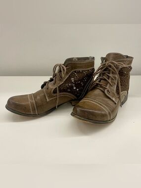 Aphorism Brown Lace-Up Crochet Detail Ankle Boots